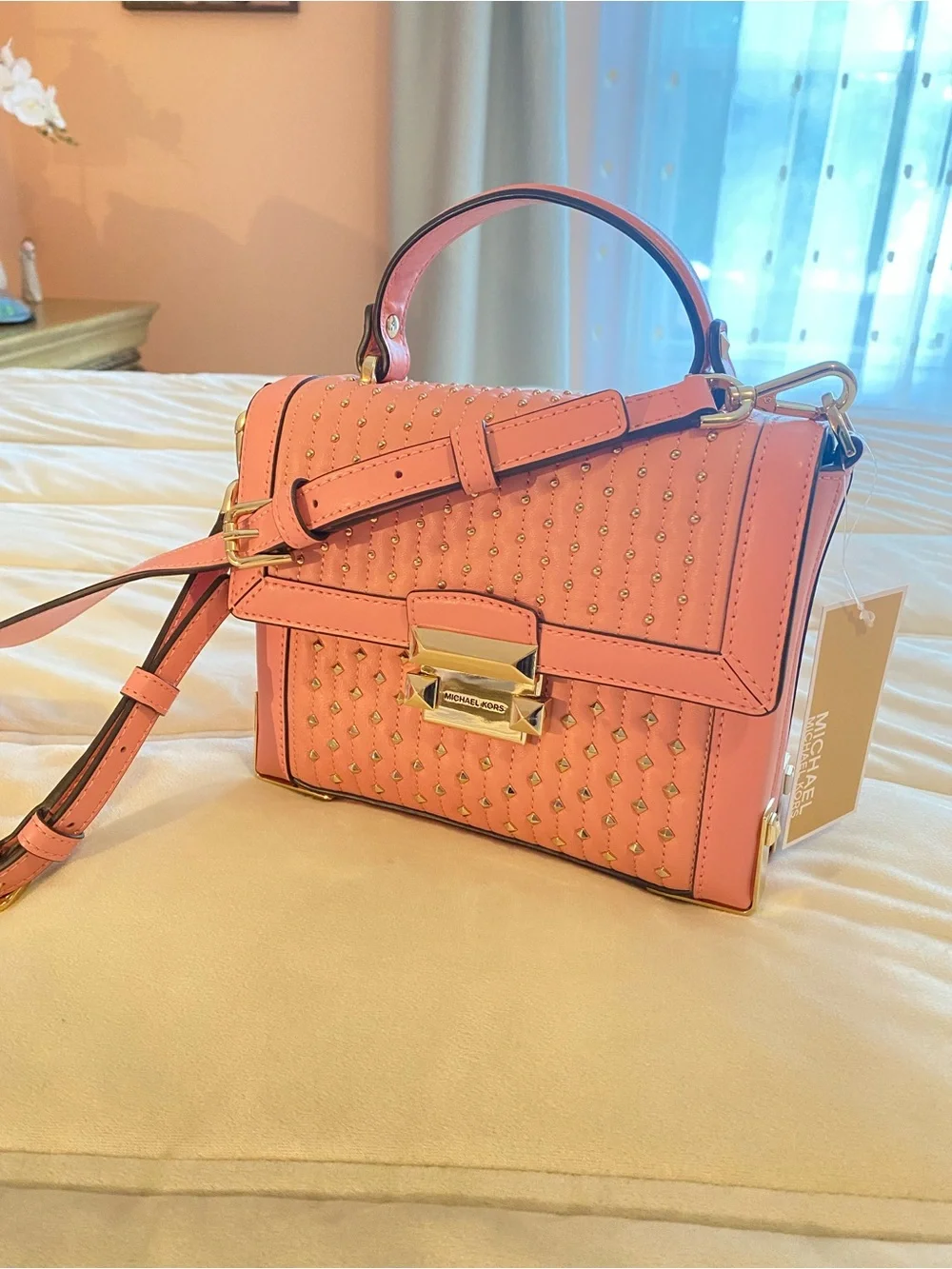 Michael Kors NWT Pink Studded Leather Top-Handle Crossbody Bag